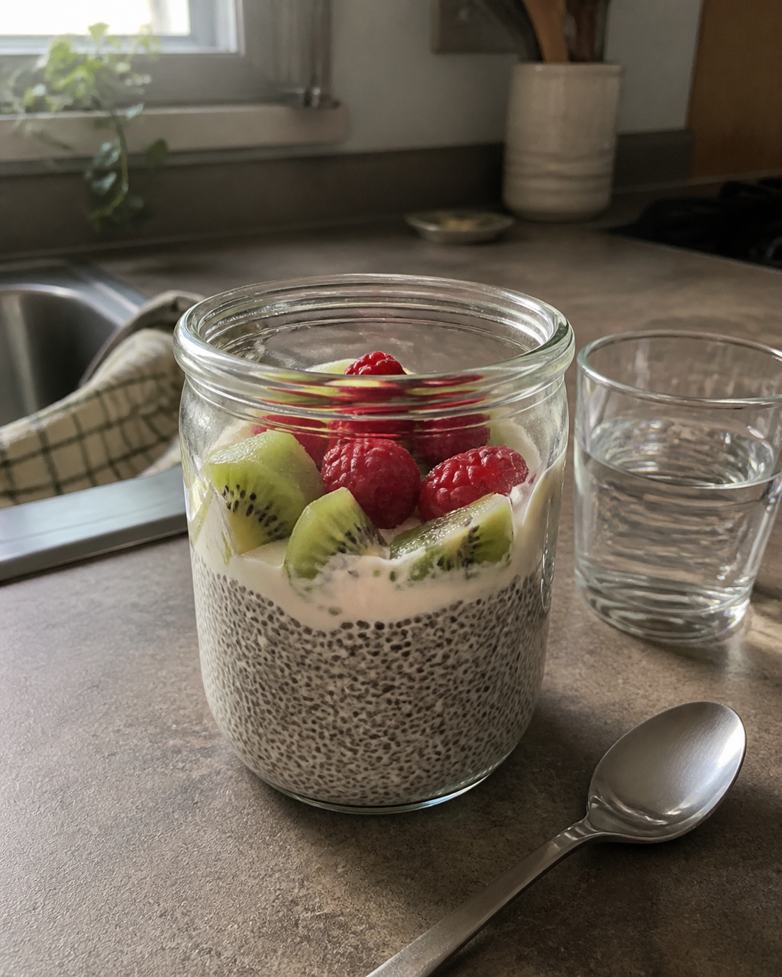 Tarro casero de chía hidratada con yogur, kiwi y frambuesas junto a un vaso de agua